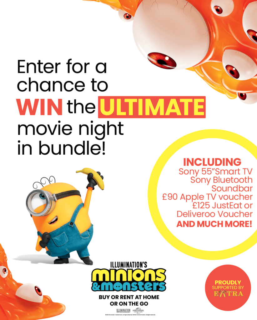Poster advertising a chance to win an ultimate Minions movie-night bundle, with a yellow-bordered circle listing prizes and a Minion character on the left.